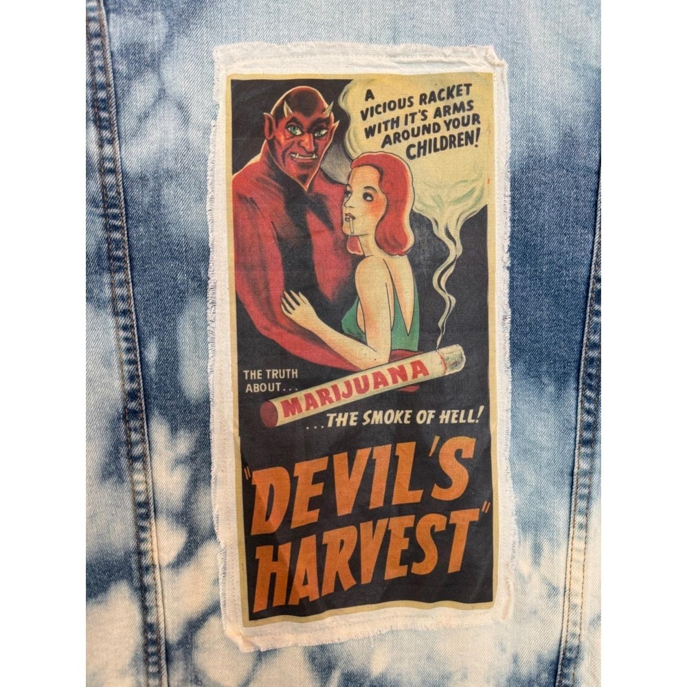 Upcycled Bleach Dye Jean Jacket Vintage Anti-Weed Propaganda Devil Patch